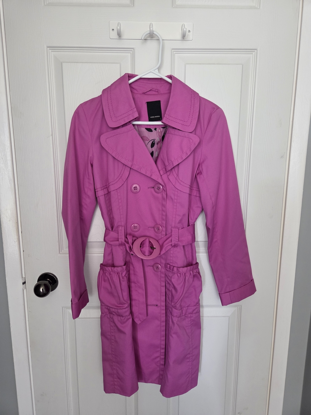 Vero Moda Bright Fuchsia Double-Breasted Trench Coat with Belt